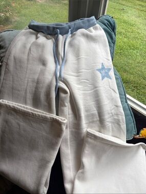 White Fox Boutique Cream Jogger Pants with Light Blue Waistband and Star Logo